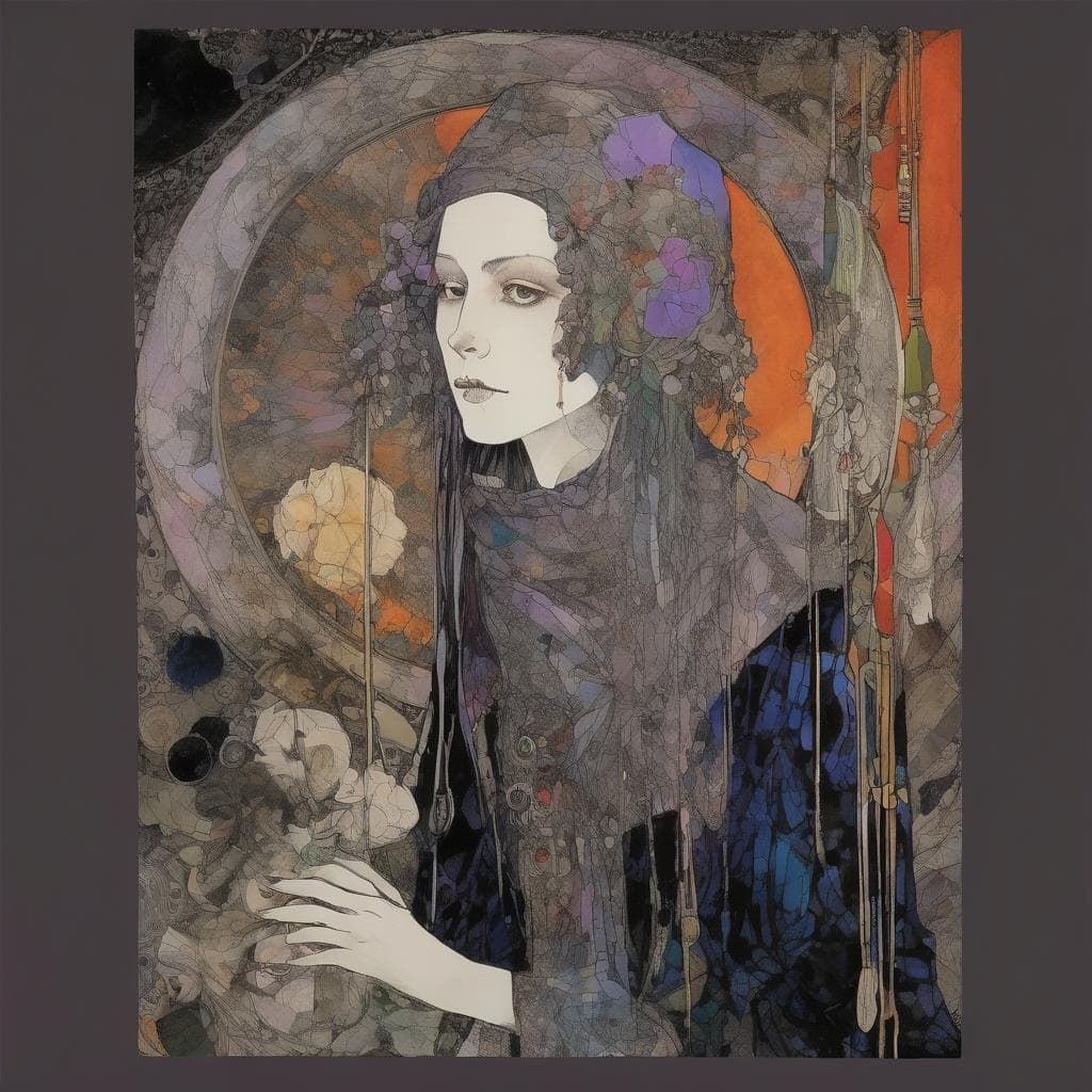 Ουρές λουλουδιών και σύγχρονη τέχνη σε ποικίλα χρώματα, δημιουργώντας μια καινοτόμο καλλιτεχνική σύνθεση.