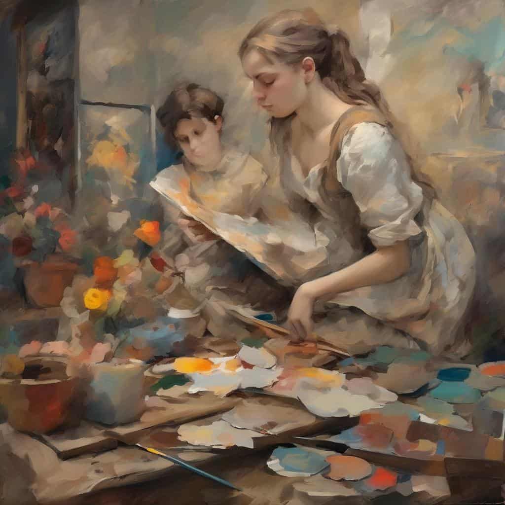 Ζευγάρι παιδιών ζωγραφίζει με φαντασία και καινοτομία στη σύγχρονη καλλιτεχνική σκηνή, δημιουργώντας έργα σε καθημερινή ατμόσφαιρα.