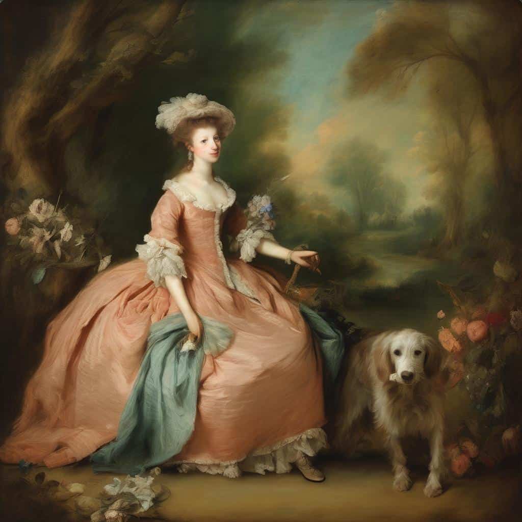 Χαρακτηριστικό πορτρέτο σε ροκο σκηνικό με γυναίκα σε κομψό ιστορικό φόρεμα και λευκό σκυλί, ενίσχυση σύγχρονης καλλιτεχνικής καινοτομίας.